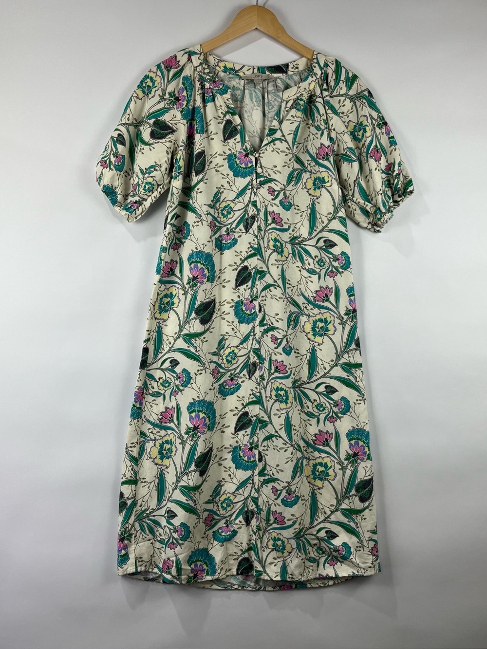 LOFT Linen Floral Lightweight Boho Puff Sleeve Dress